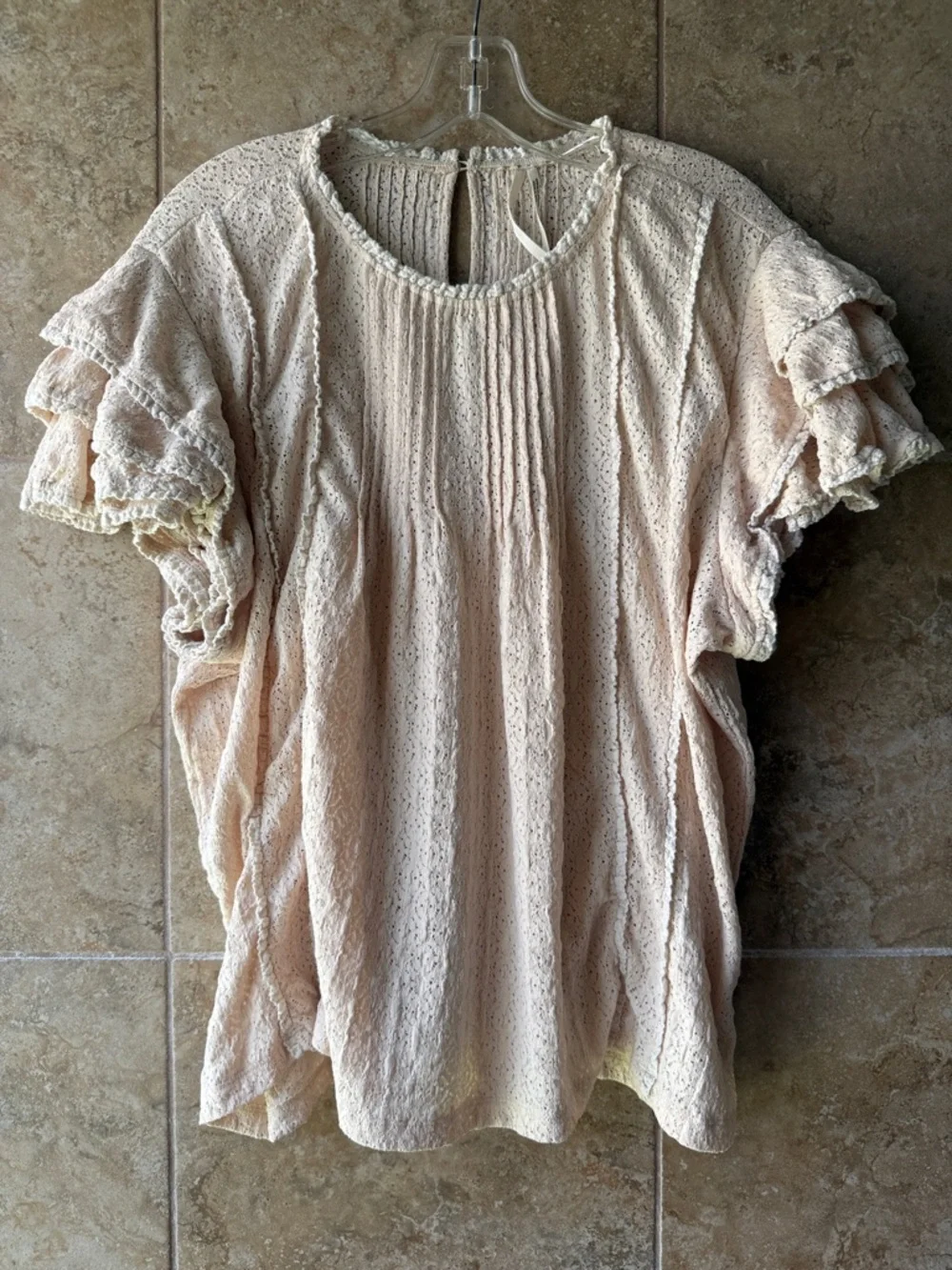 Anthropologie Lace Blouse Cream Pintucked Top Stretch Flutter Ruffle Sleeve XL - Picture 6 of 17